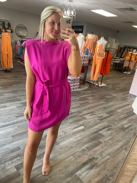 Muscle Sleeve Belted Dress - Magenta
