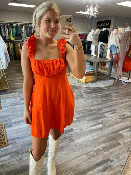 Puff Sleeveless Ruched Front Dress - Tangerine