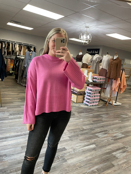 Rib Knit Back Slit Sweater - Pink