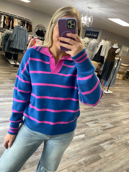 Striped Collared Sweater - Blue/Pink