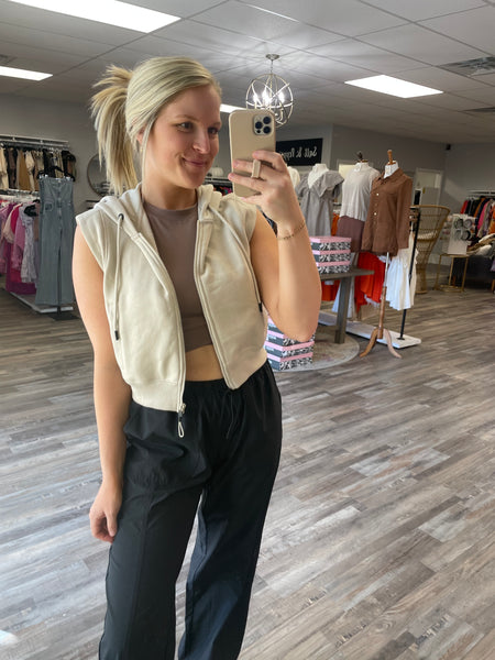 Cropped Hooded Vest - Taupe