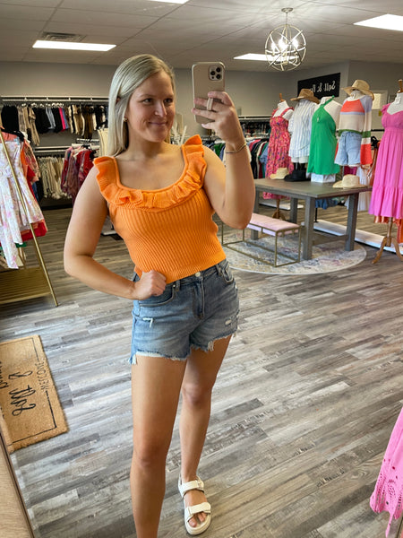 Ribbed Ruffle Top - Orange