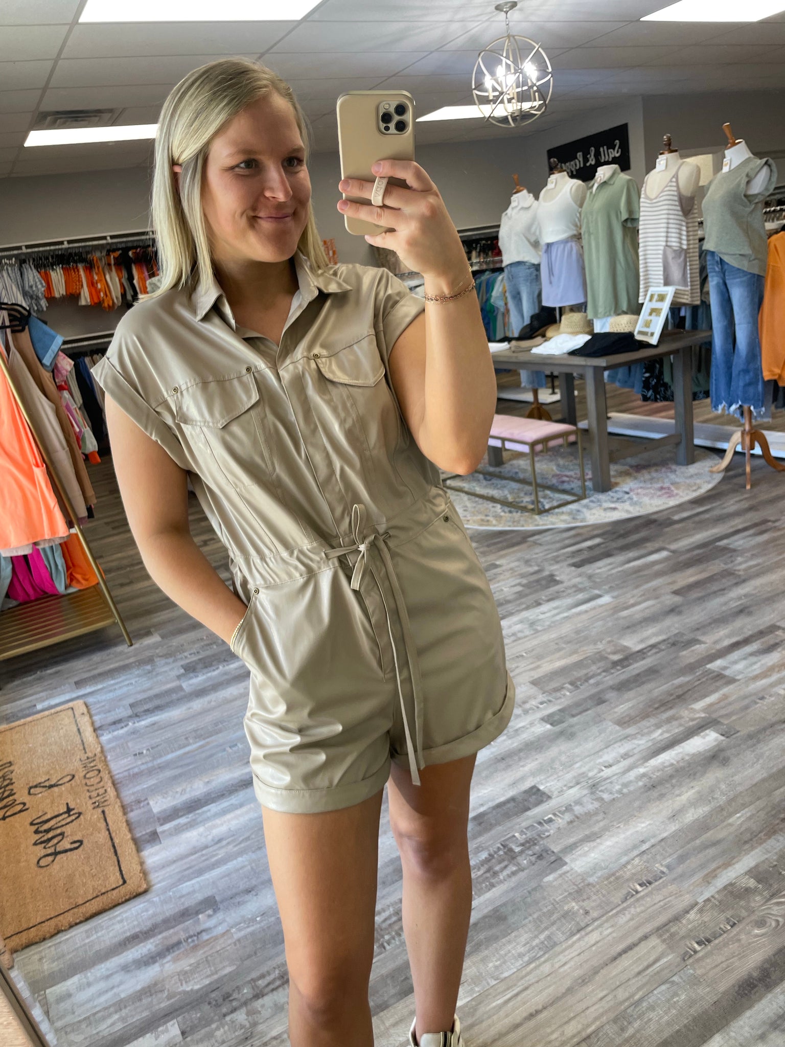 Leather Tie Waist Romper - Taupe