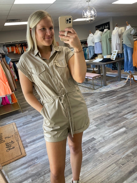 Leather Tie Waist Romper - Taupe