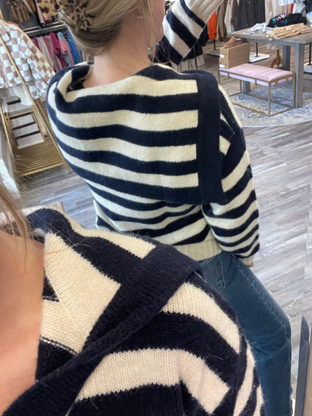 Sailor Collar Striped Sweater - Navy