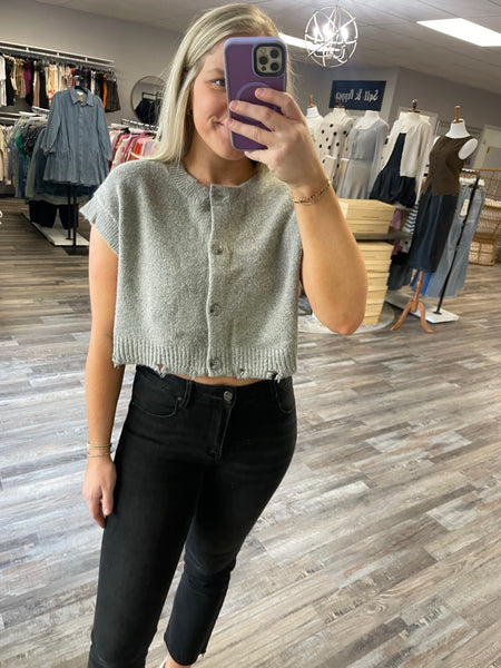 Boxy Button Down Sweater Vest - Grey