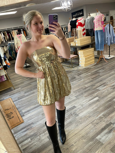 Strapless Bubble Hem Sequin Dress - Gold