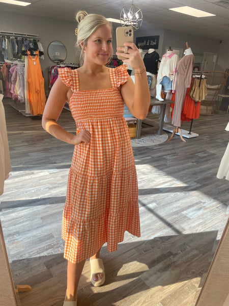 Checkered Midi Dress - Orange