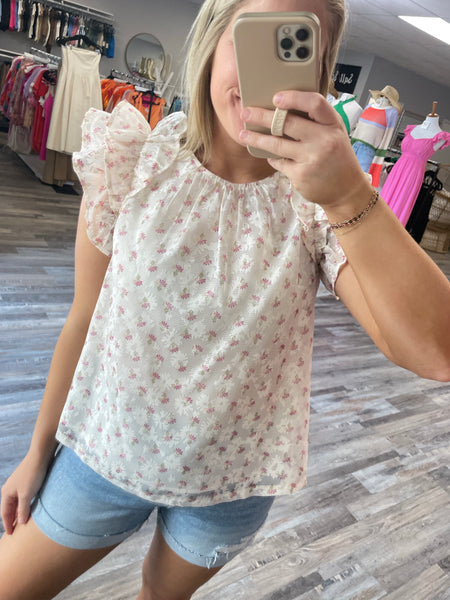 Flutter Sleeve Floral Top - Berry/Ivory