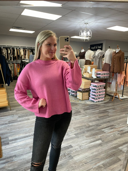 Rib Knit Back Slit Sweater - Pink