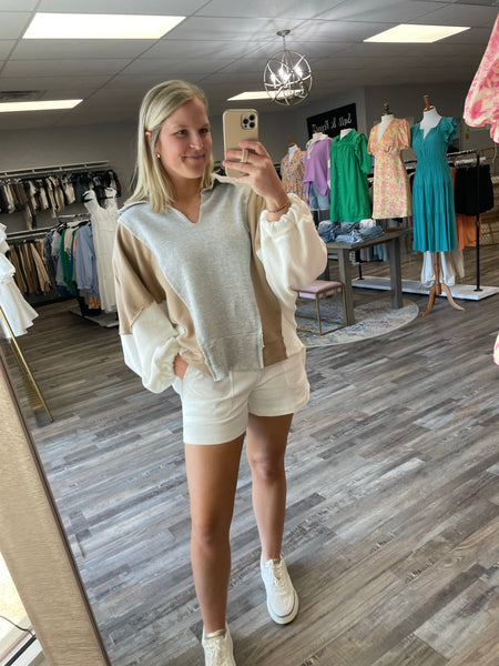 Oversized Contrast V-Neck Pullover - Grey/Taupe/White