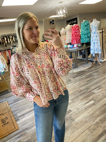 Floral Pattern Long Sleeve Top - Cream/Pink