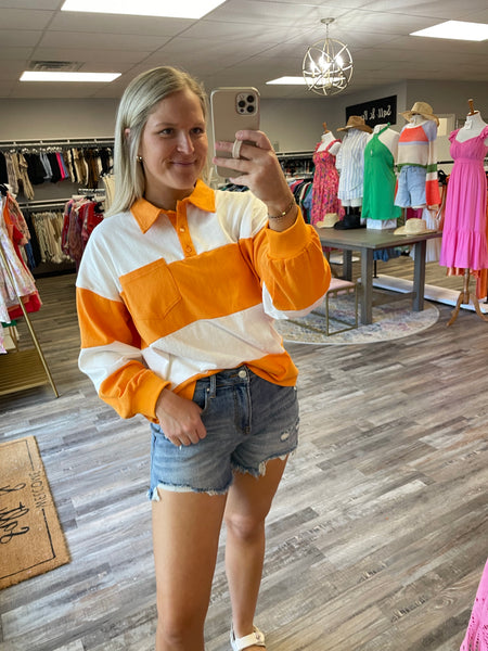 Striped Polo Style Long Sleeve - Orange/White