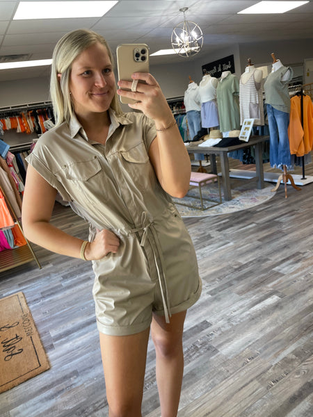 Leather Tie Waist Romper - Taupe