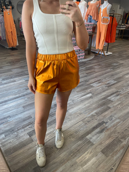 High Waisted Metallic Shorts - Orange
