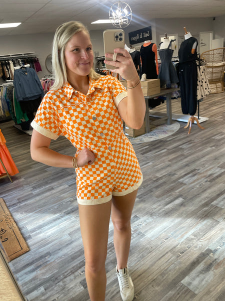 Checkerboard Romper - Orange/White