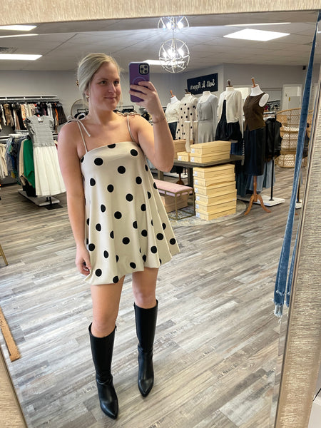 Polka Dot Bubble Hem Dress - Taupe/Black