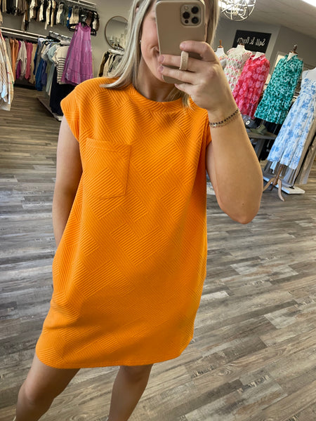 Textured Round Neck Dress - Orange