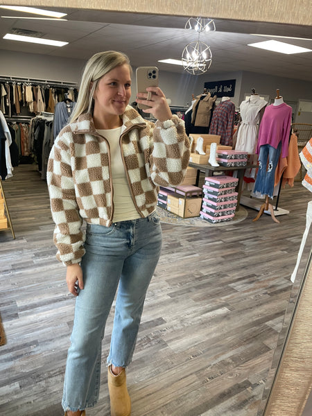 Checkered Teddy Full Zip Jacket - Taupe