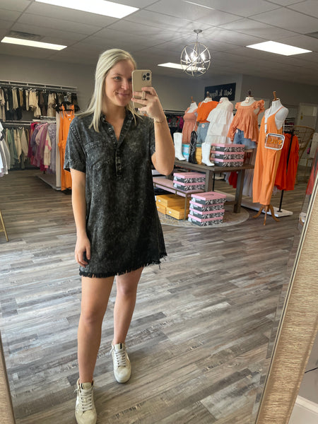 Washed Denim Shirt Dress - Washed Black