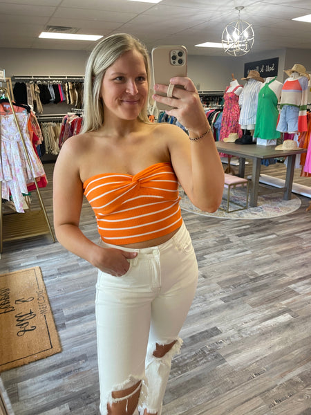 Rib Striped Twist Knot Bandeau Top - Orange/White