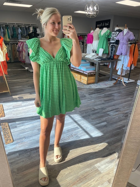 Gingham Ruffle Babydoll Dress - Green