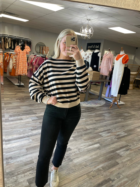 Boat Neck Striped Sweater - Beige/Black