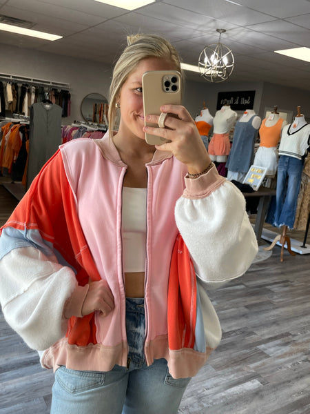 Colorblock Zip Up Jacket - Pink/Orange/Blue