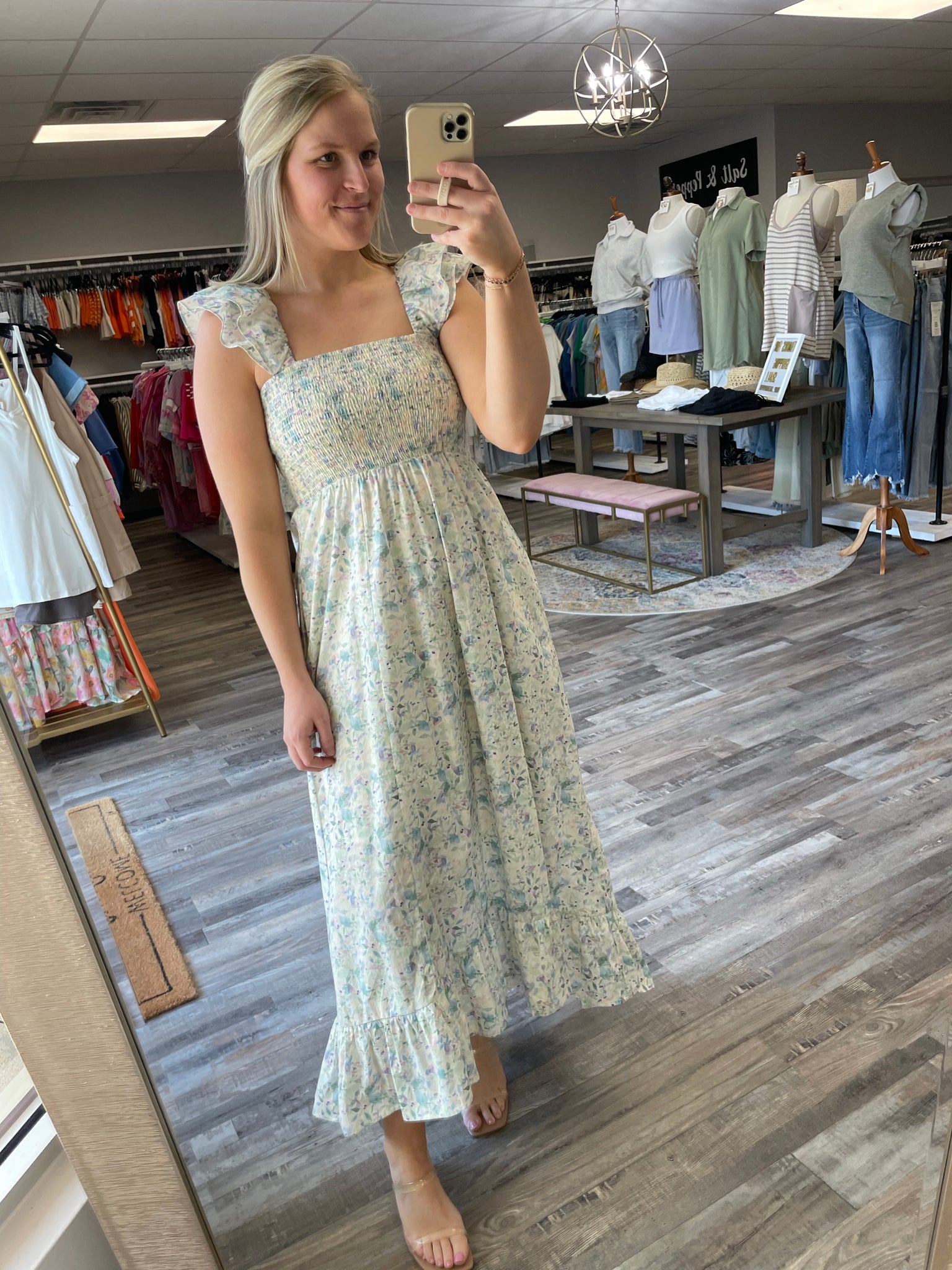 Floral Smocked Midi Dress - Sea Green