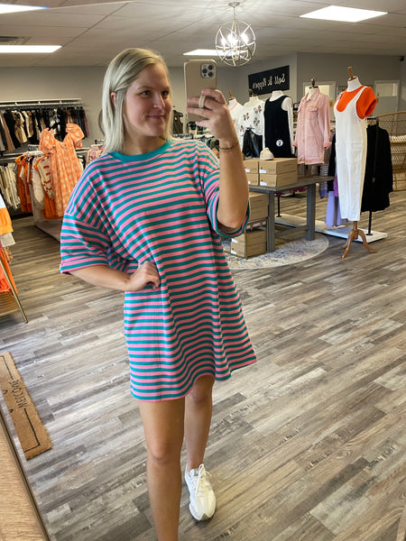 Striped Oversized Tee Dress - Pink/Green