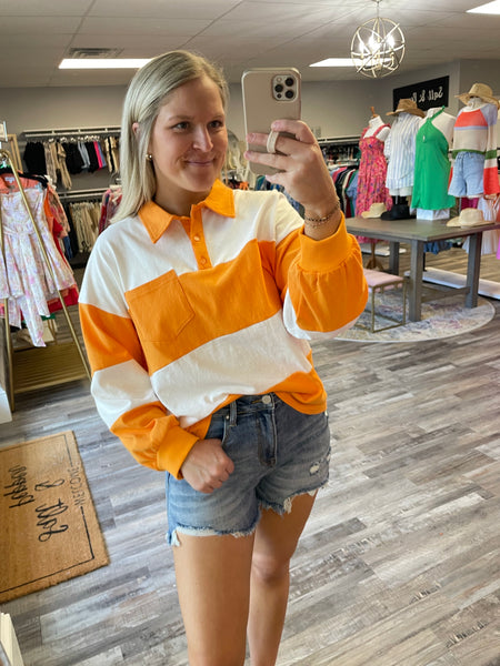 Striped Polo Style Long Sleeve - Orange/White