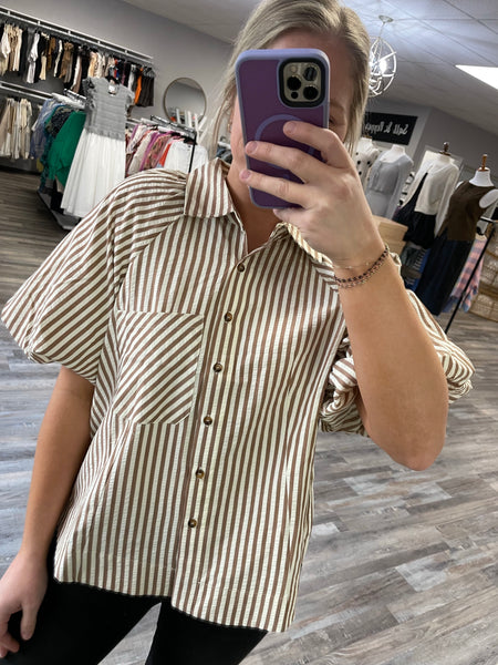 Striped Bubble Sleeve Button Down - Brown