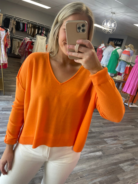 V-Neck Seam Detail Sweater - Tangerine