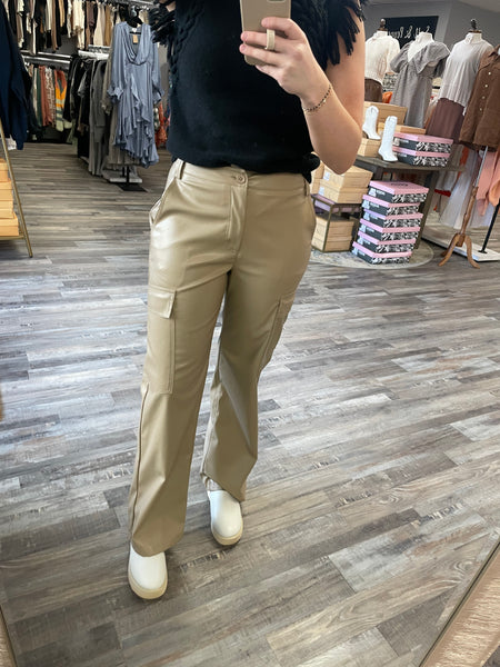 Leather Cargo Pants - Taupe