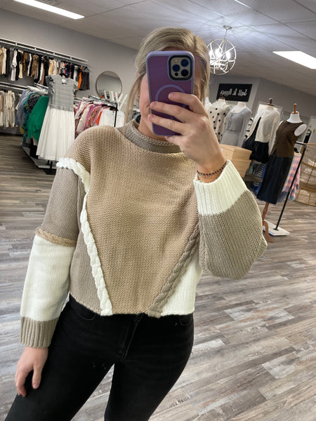 Two Tone Contrast Chain Sweater - Beige