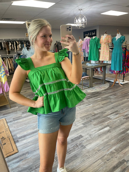 Square Neck Ruffle Sleeve Top - Kelly Green