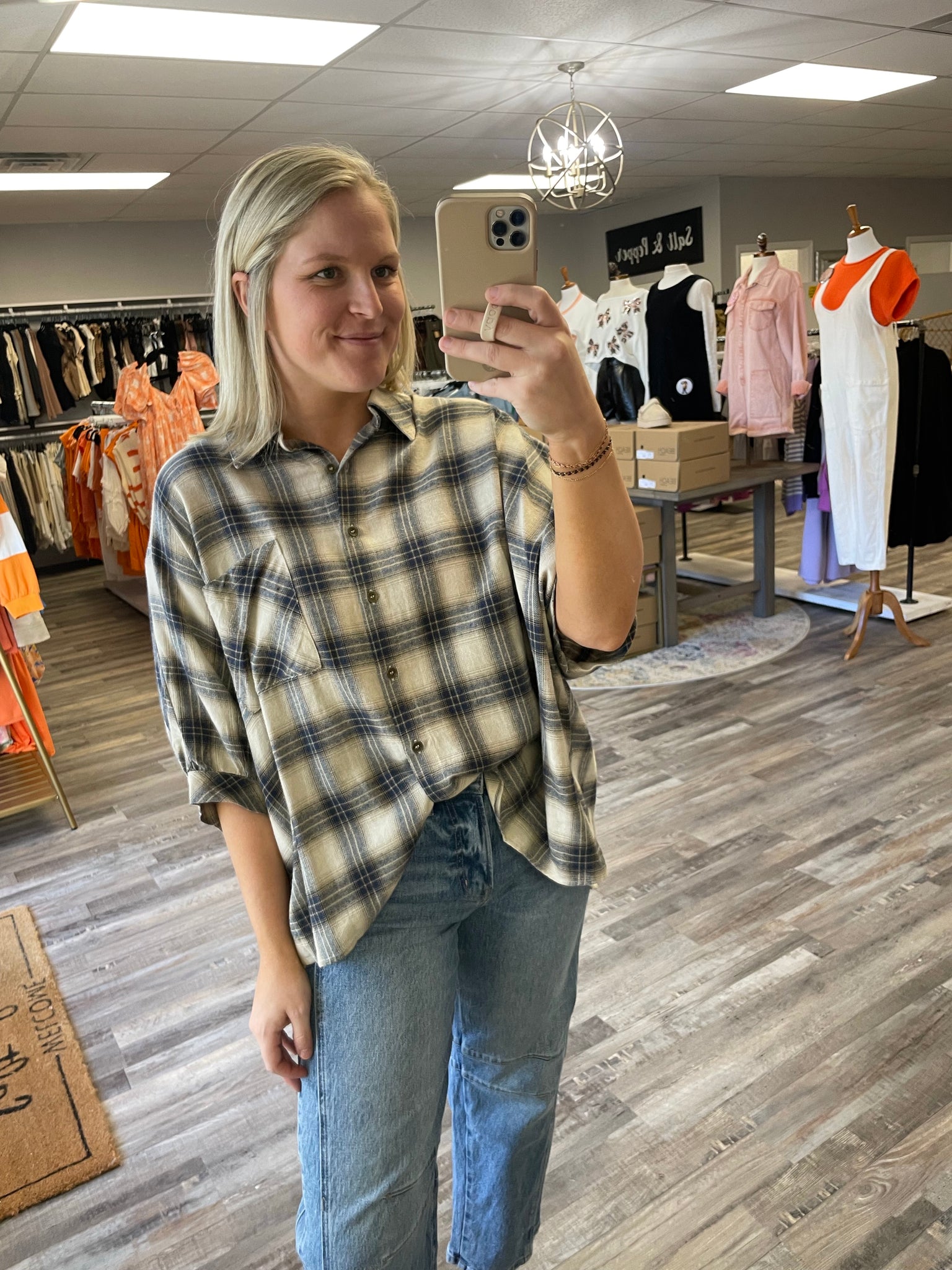 Oversized Plaid Button Down - Taupe