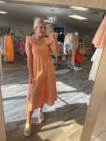 Checkered Midi Dress - Orange