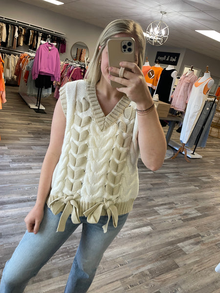 Lace Up Detail Sweater Vest - White/Taupe