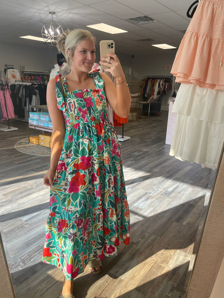 Smocked Floral Maxi Dress - Teal
