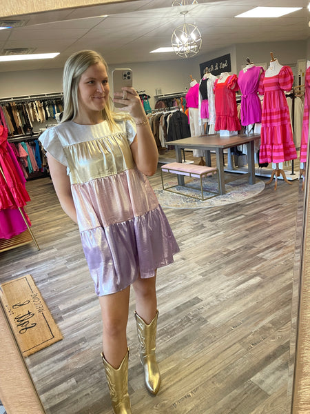 Shiny Colorblock Tiered Dress - Pink/Lavender Multi