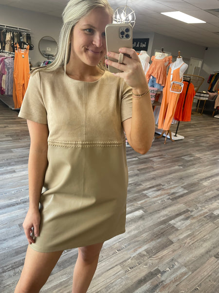 Suede & Leather Mini Dress - Beige