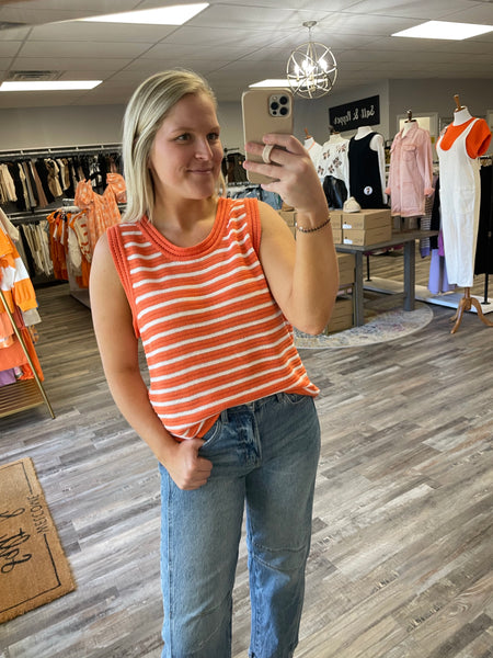 Striped Sweater Tank - Orange/White