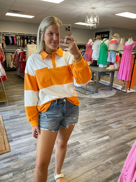 Striped Polo Style Long Sleeve - Orange/White