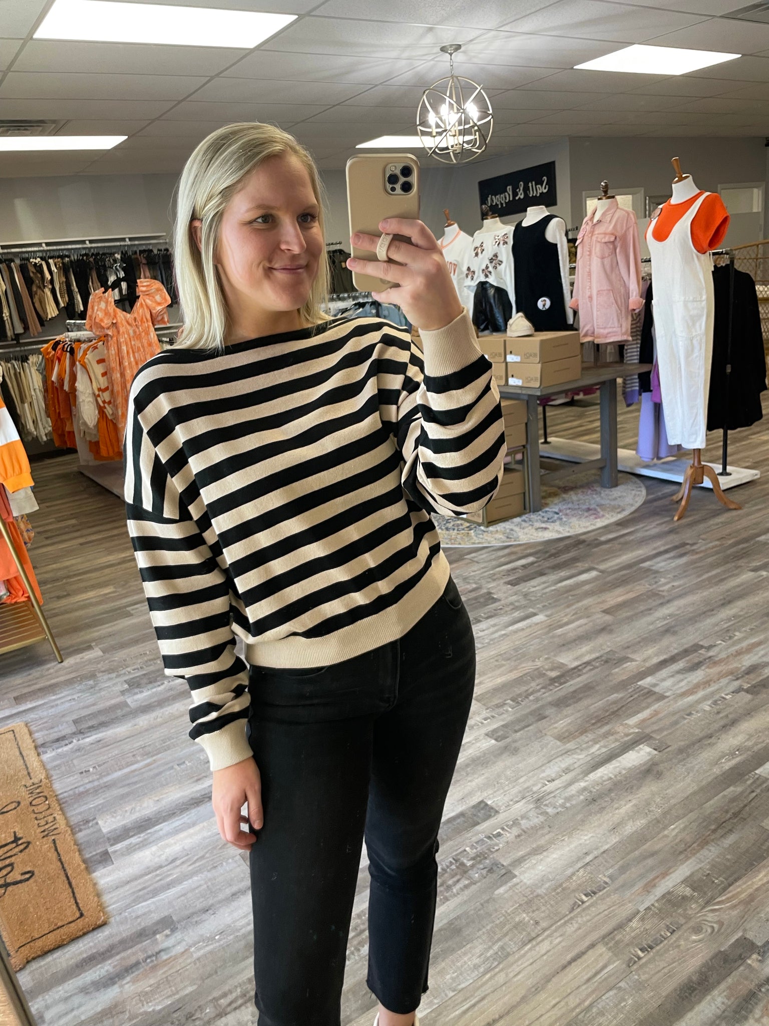 Boat Neck Striped Sweater - Beige/Black