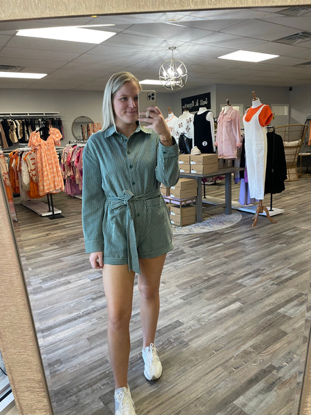 Pin Stripe Long Sleeve Romper - Hunter Green