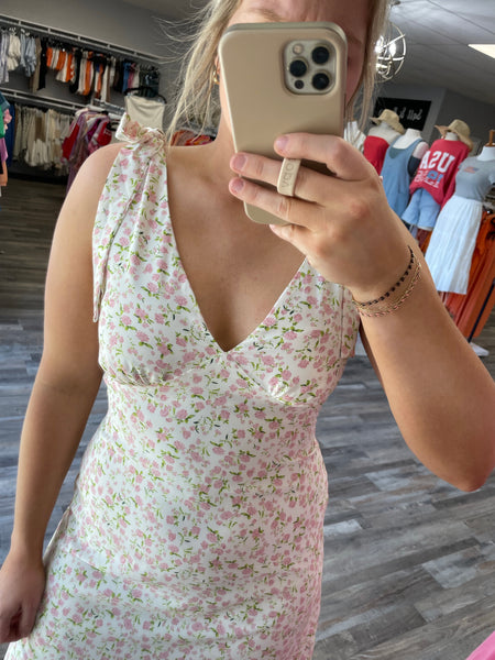 Floral V-Neck Mini Dress - White/Pink