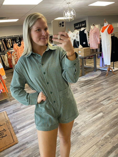 Pin Stripe Long Sleeve Romper - Hunter Green