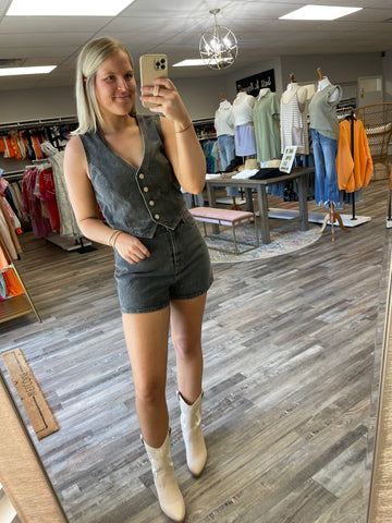 V-neck Vest & Shorts Romper - Washed Black