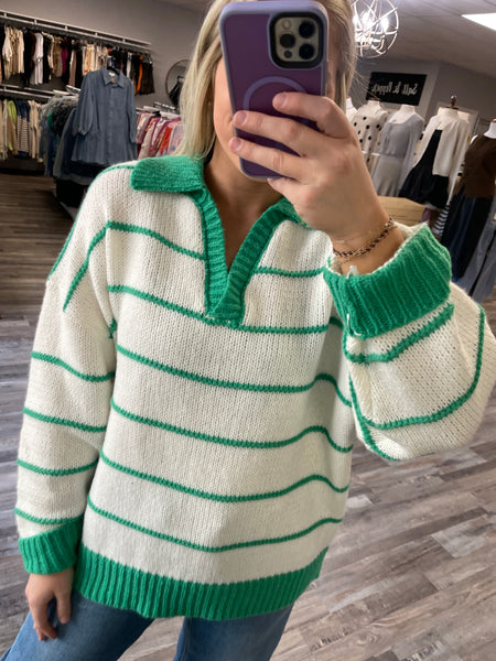 Collared Oversized Sweater - Green/Cream